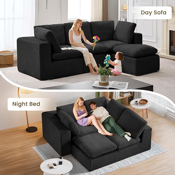 #A01 Black Cloud Modular Sectional Couches  L-Shaped Sofa with Ottoman,Corduroy Sleeper Sofa Bed,No Assembly Compression Memory Foam Couch